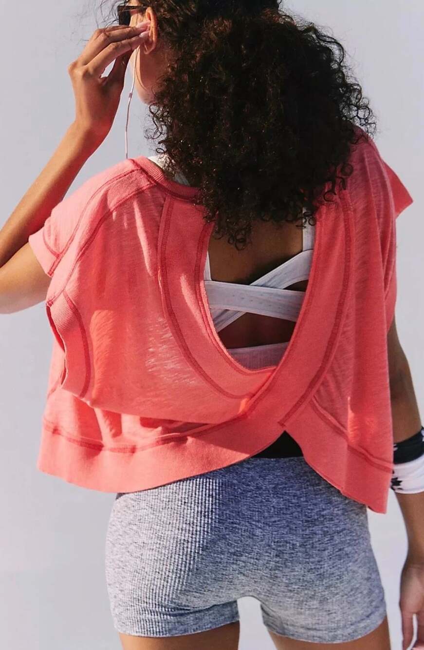Free People Movement My Time Tee Open Back Crop Workout Top Neon Coral